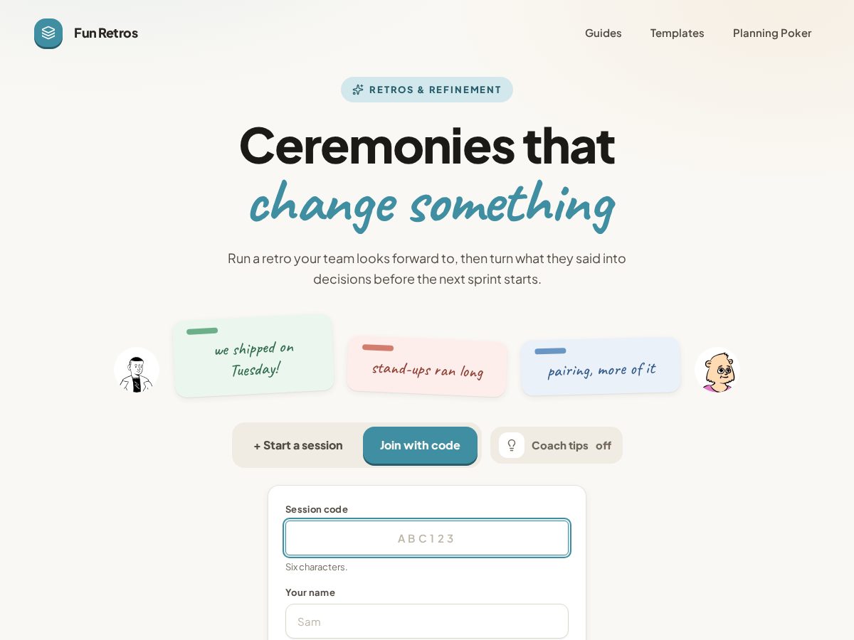 Landing-page snapshot of fun-retros.com