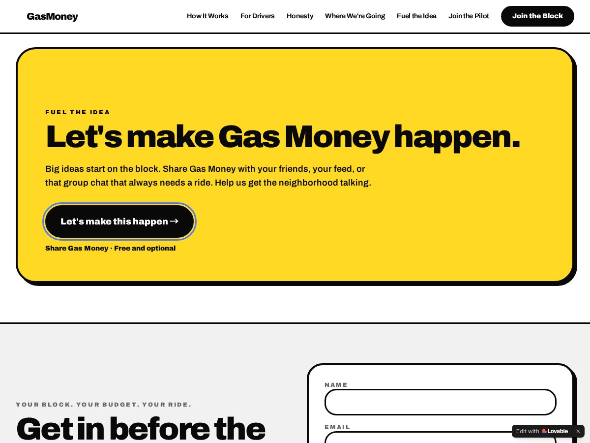 Landing-page snapshot of gasmoney.cash