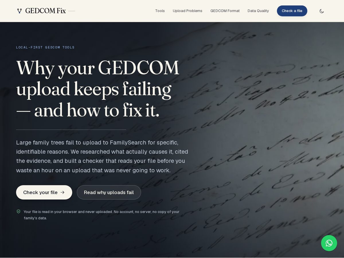 Landing-page snapshot of gedcomfix.com