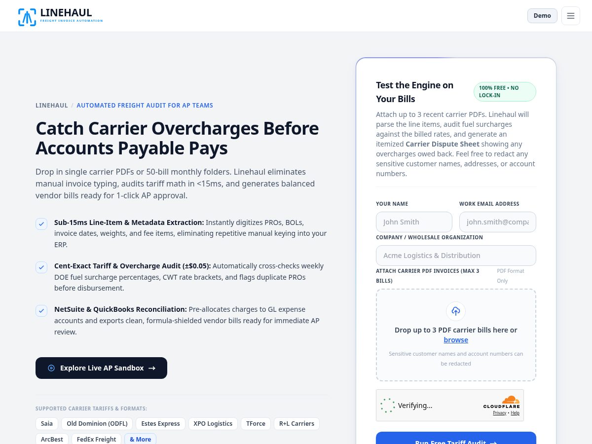 Landing-page snapshot of getlinehaul.com