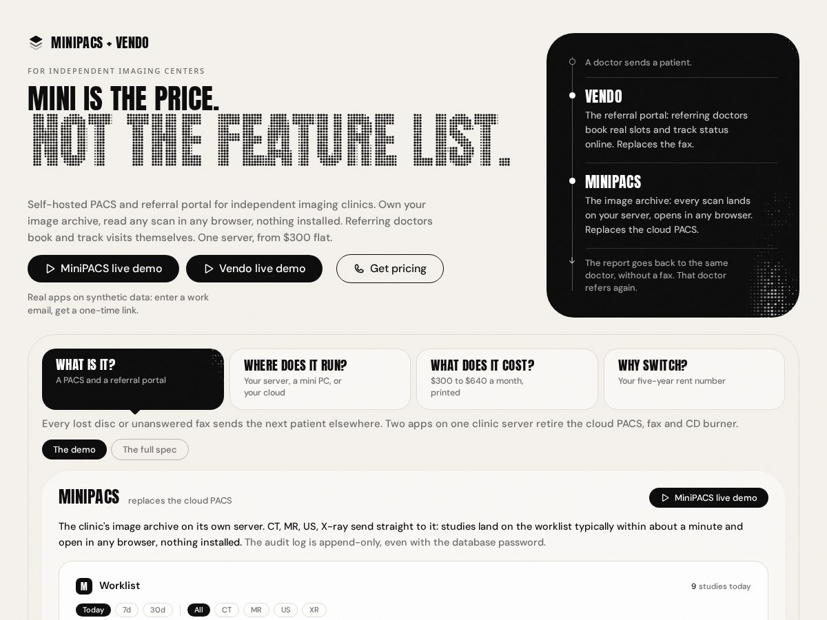 Landing-page snapshot of getminipacs.com