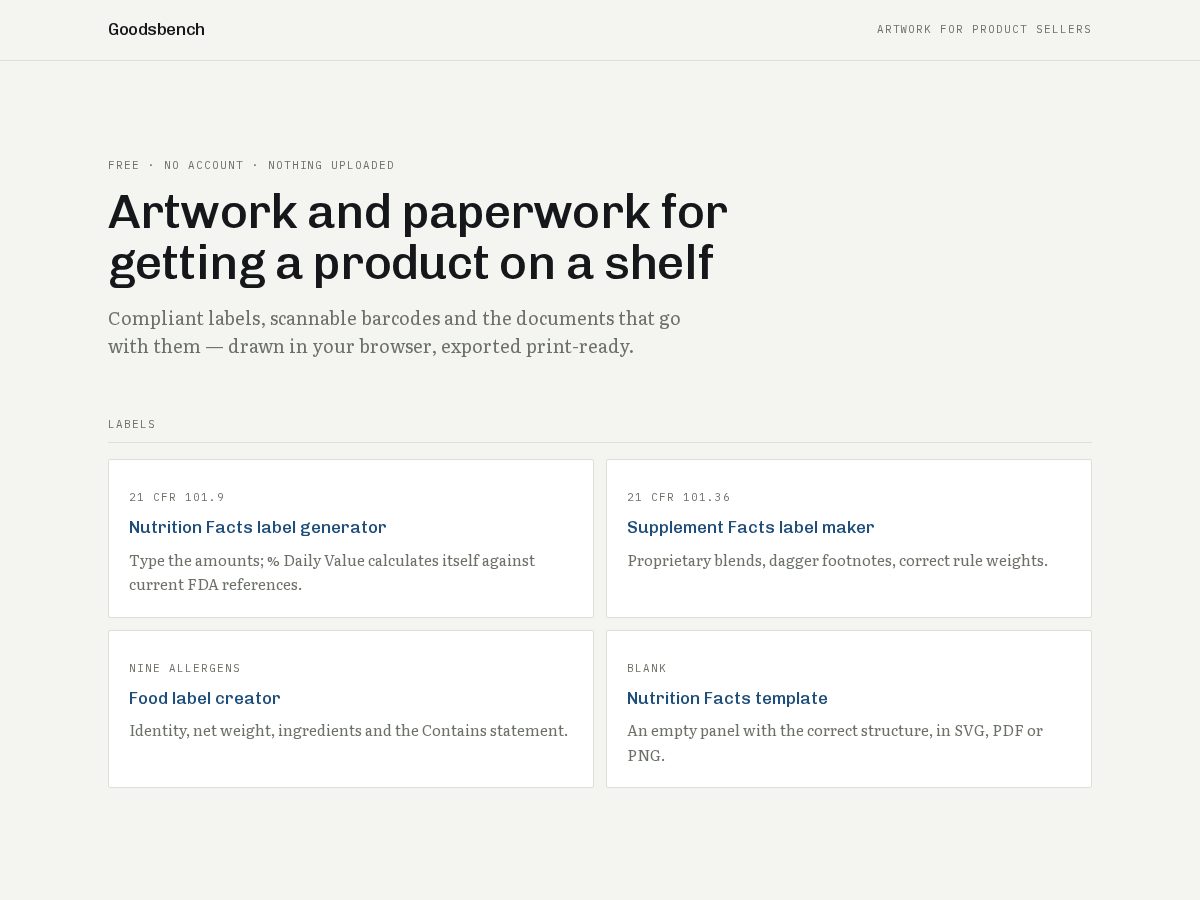 Landing-page snapshot of goodsbench.com
