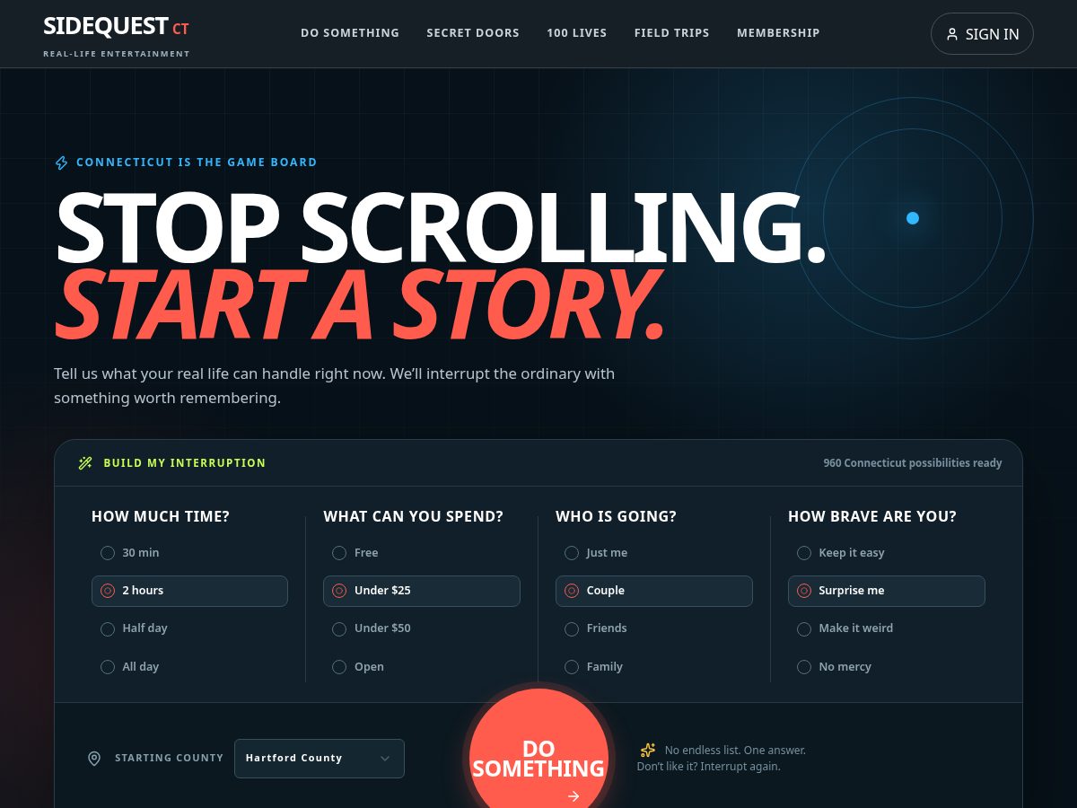 Landing-page snapshot of gosidequestct.com