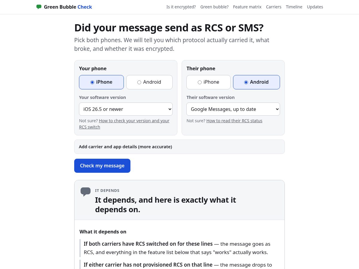 Landing-page snapshot of greenbubblecheck.com
