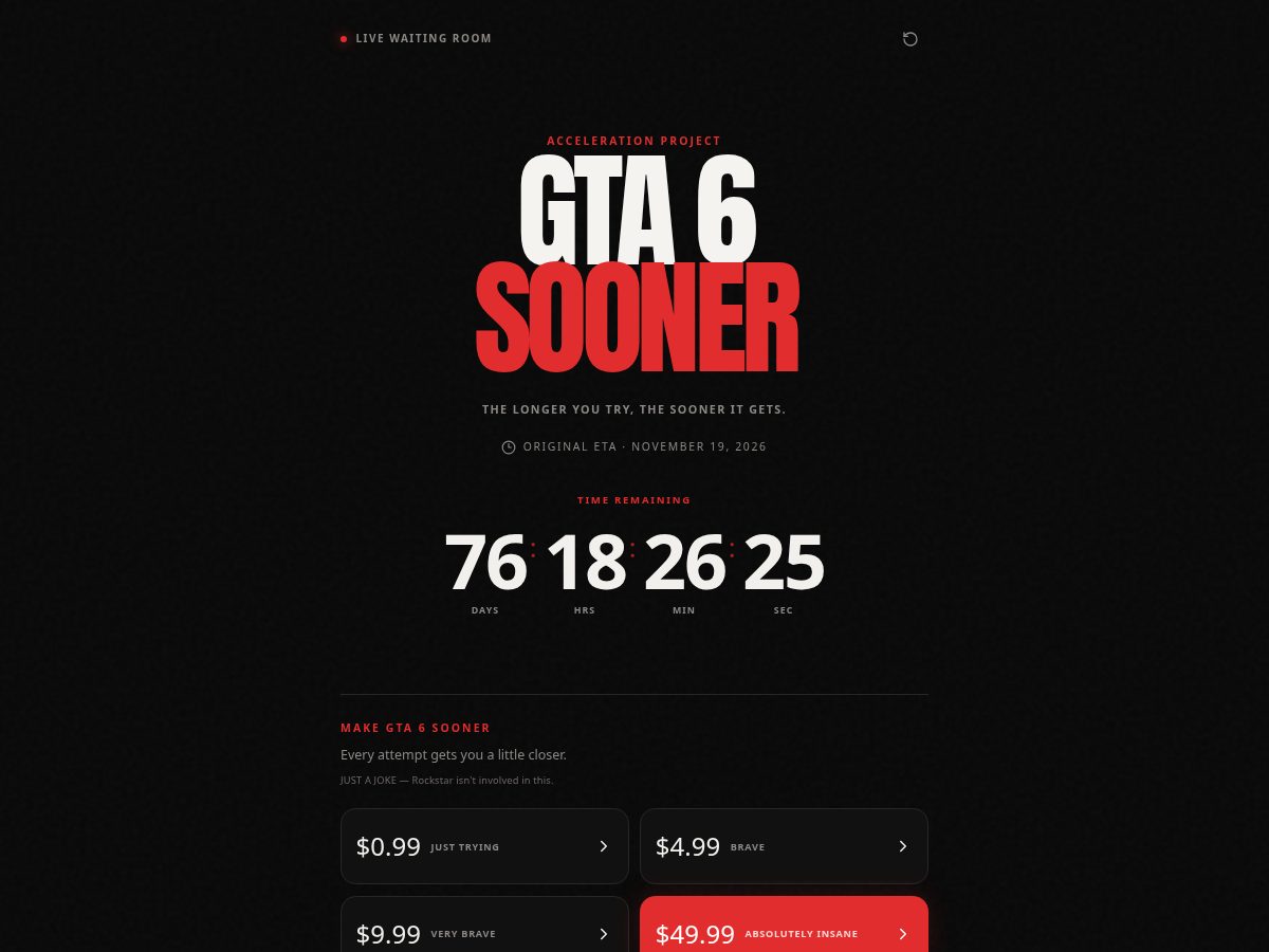 Landing-page snapshot of gta6sooner.com