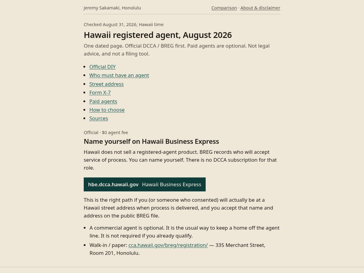 Landing-page snapshot of hawaiiregagent.com