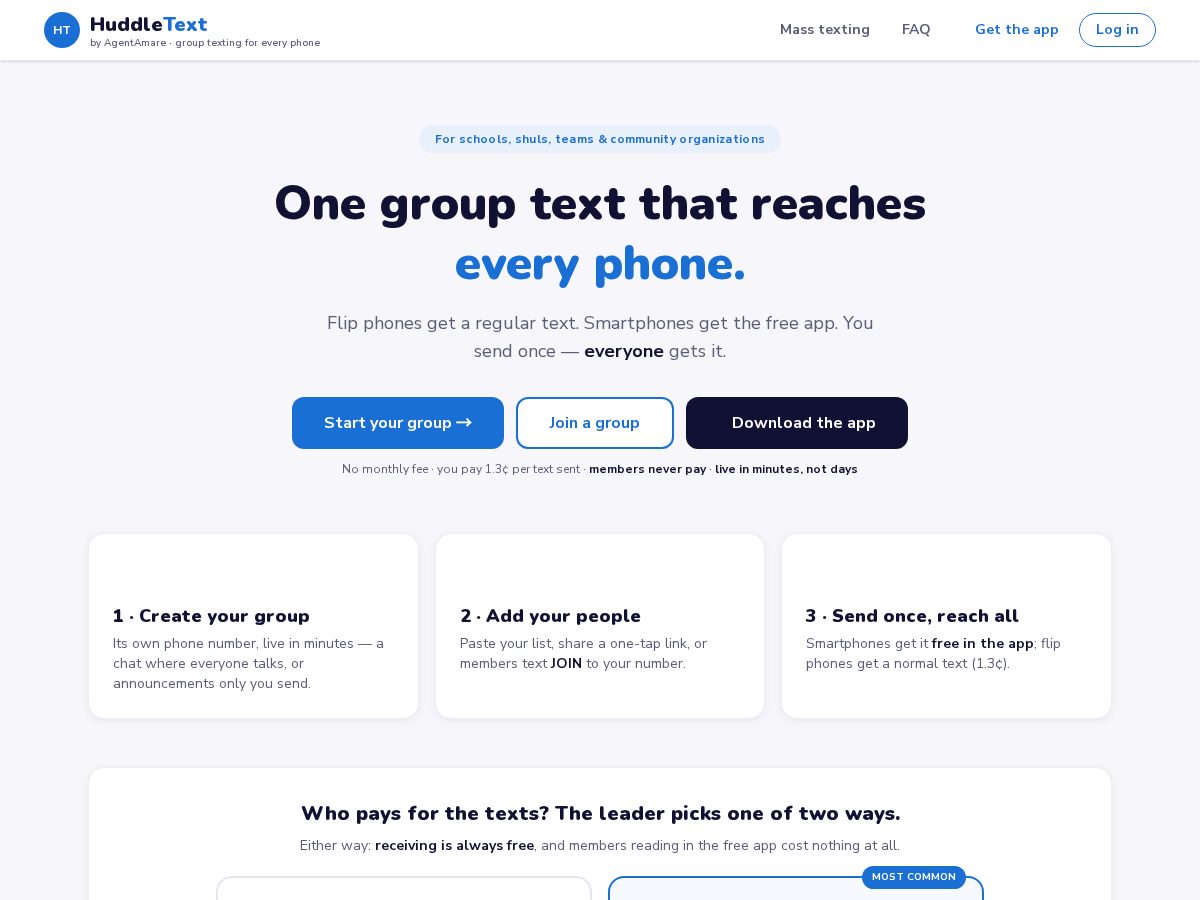Landing-page snapshot of huddletext.com