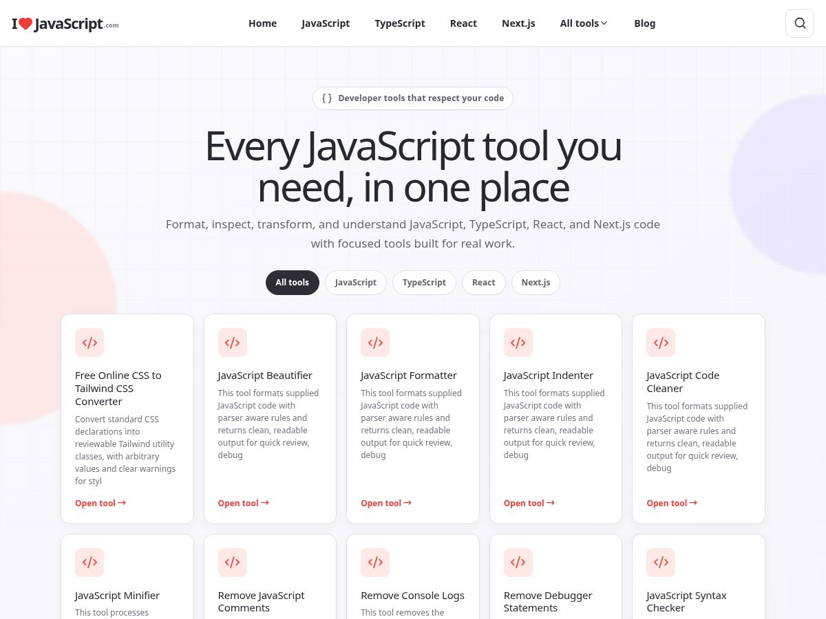 Landing-page snapshot of ilovejavascript.com