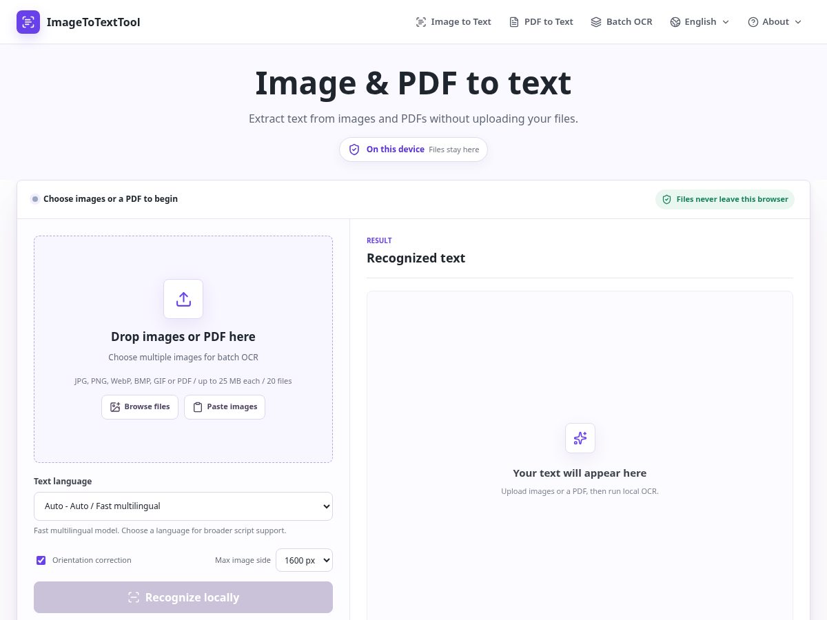 Landing-page snapshot of imagetotexttool.com