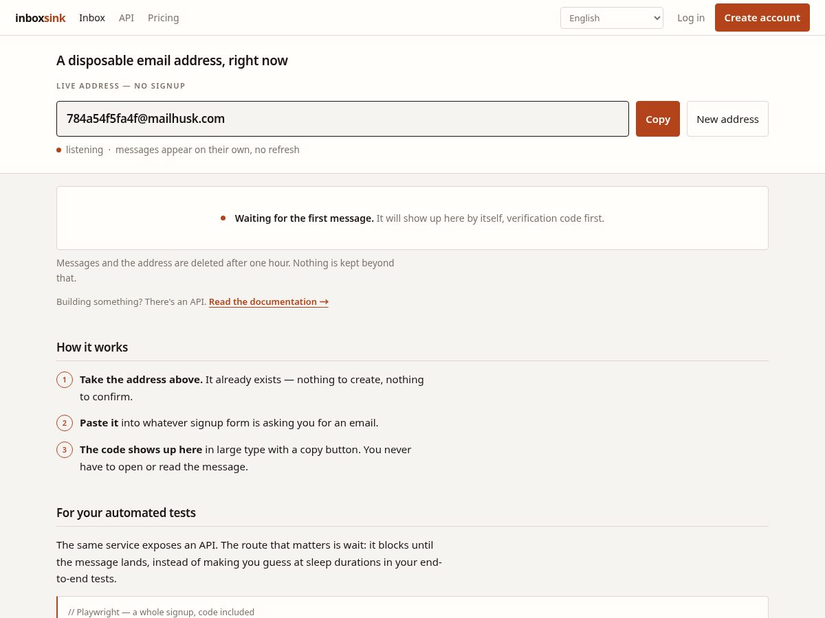 Landing-page snapshot of inboxsink.com