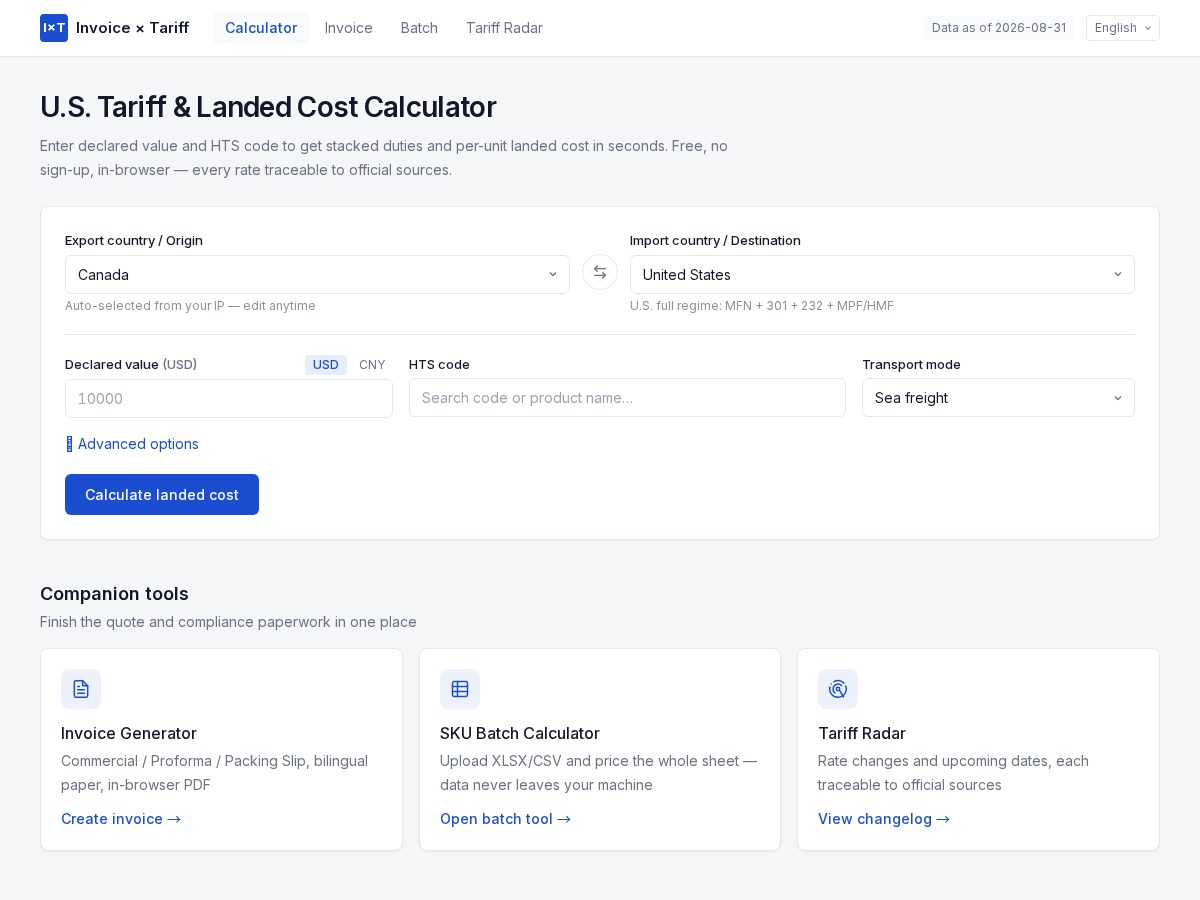 Landing-page snapshot of invoicetariff.com