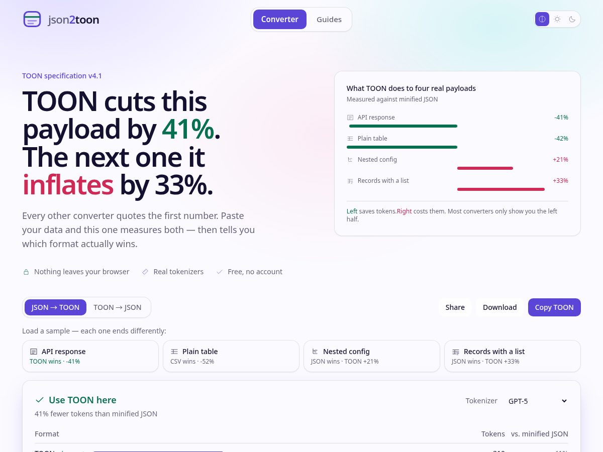 Landing-page snapshot of json2toon-converter.com