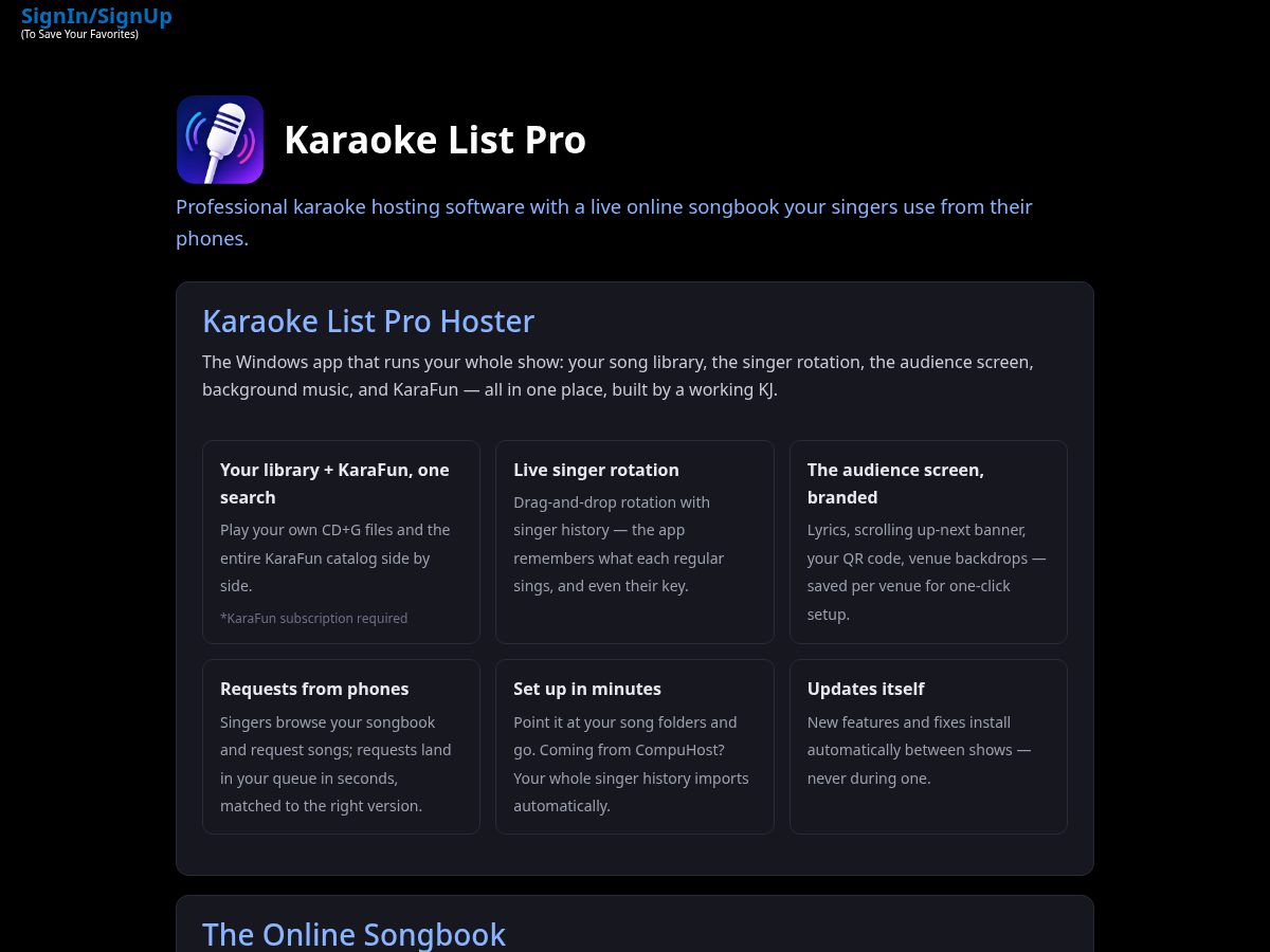 Landing-page snapshot of karaokehost.org