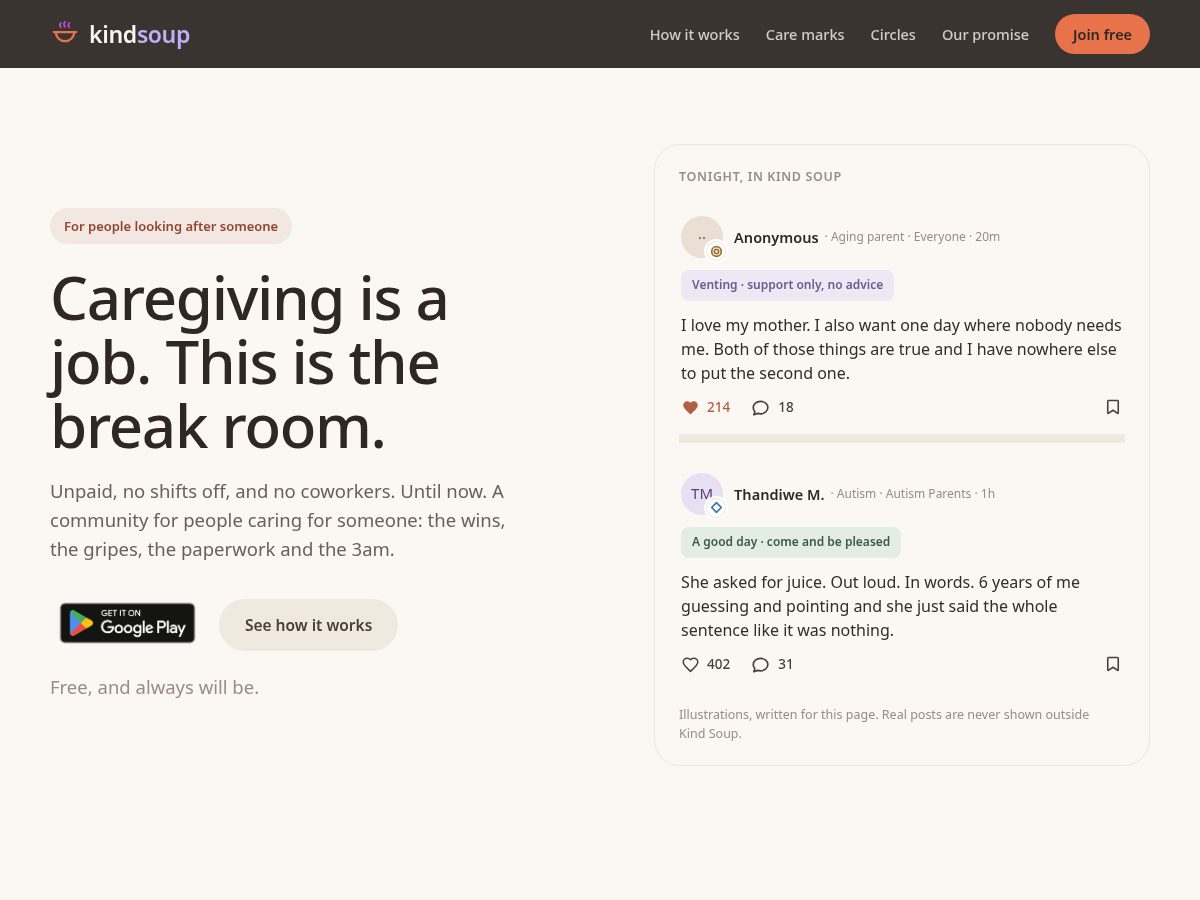 Landing-page snapshot of kindsoup.com