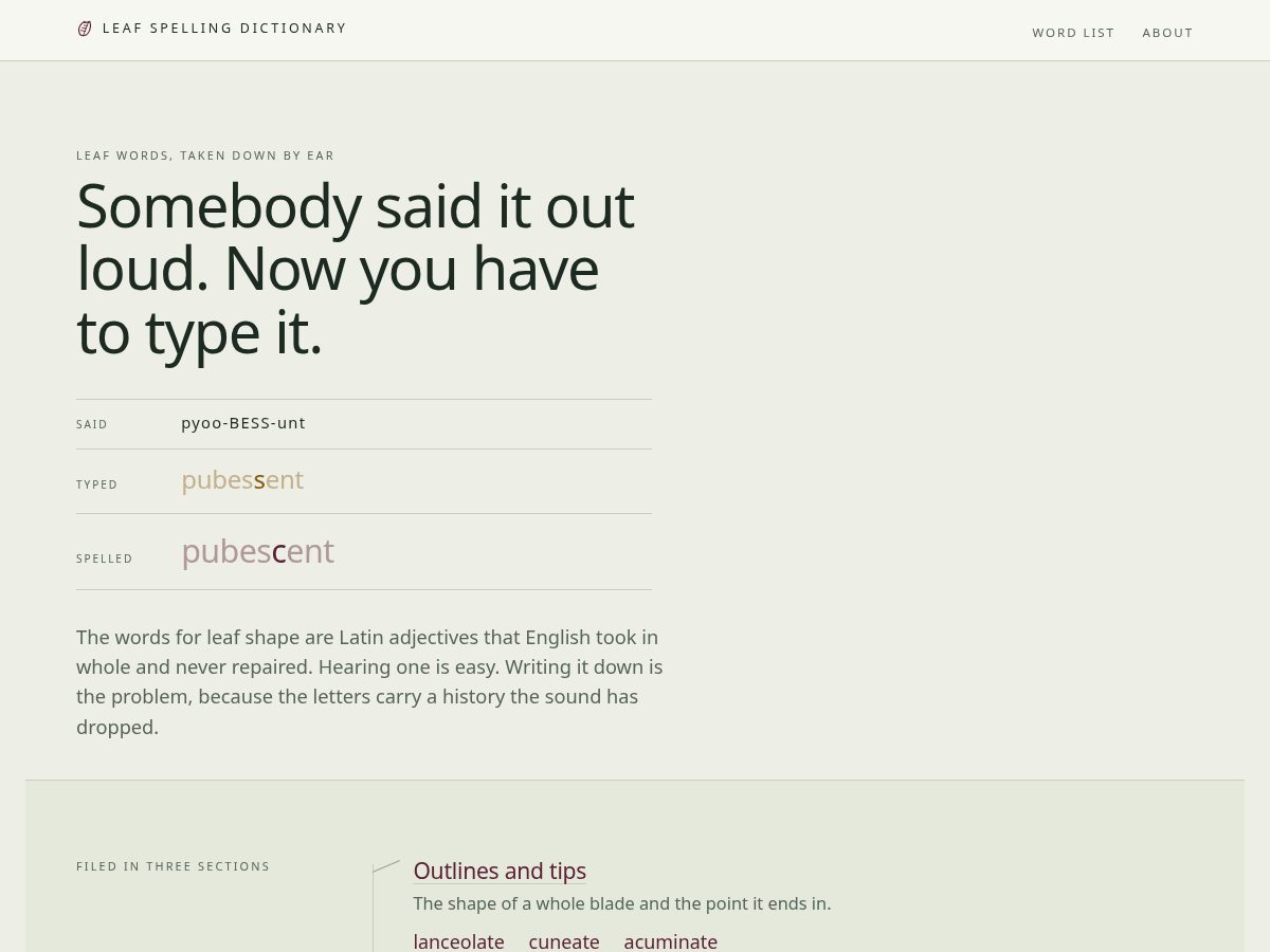 Landing-page snapshot of leafspellingdictionary.space