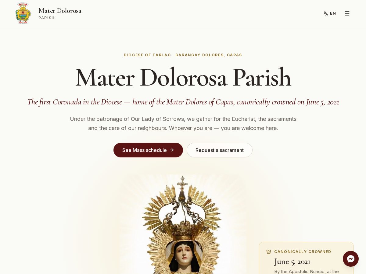 Landing-page snapshot of materdolorosaparish.com