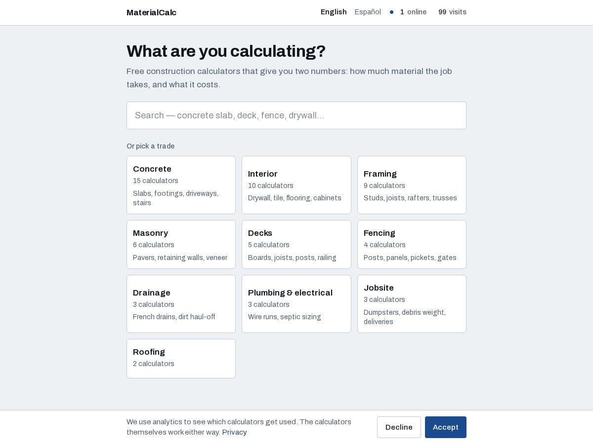 Landing-page snapshot of materialcalc.online