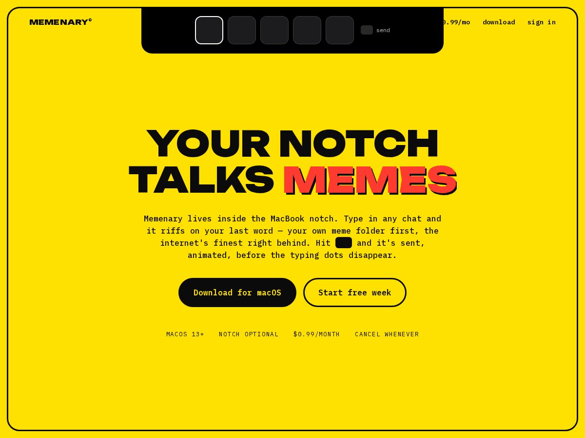 Landing-page snapshot of memenary.com