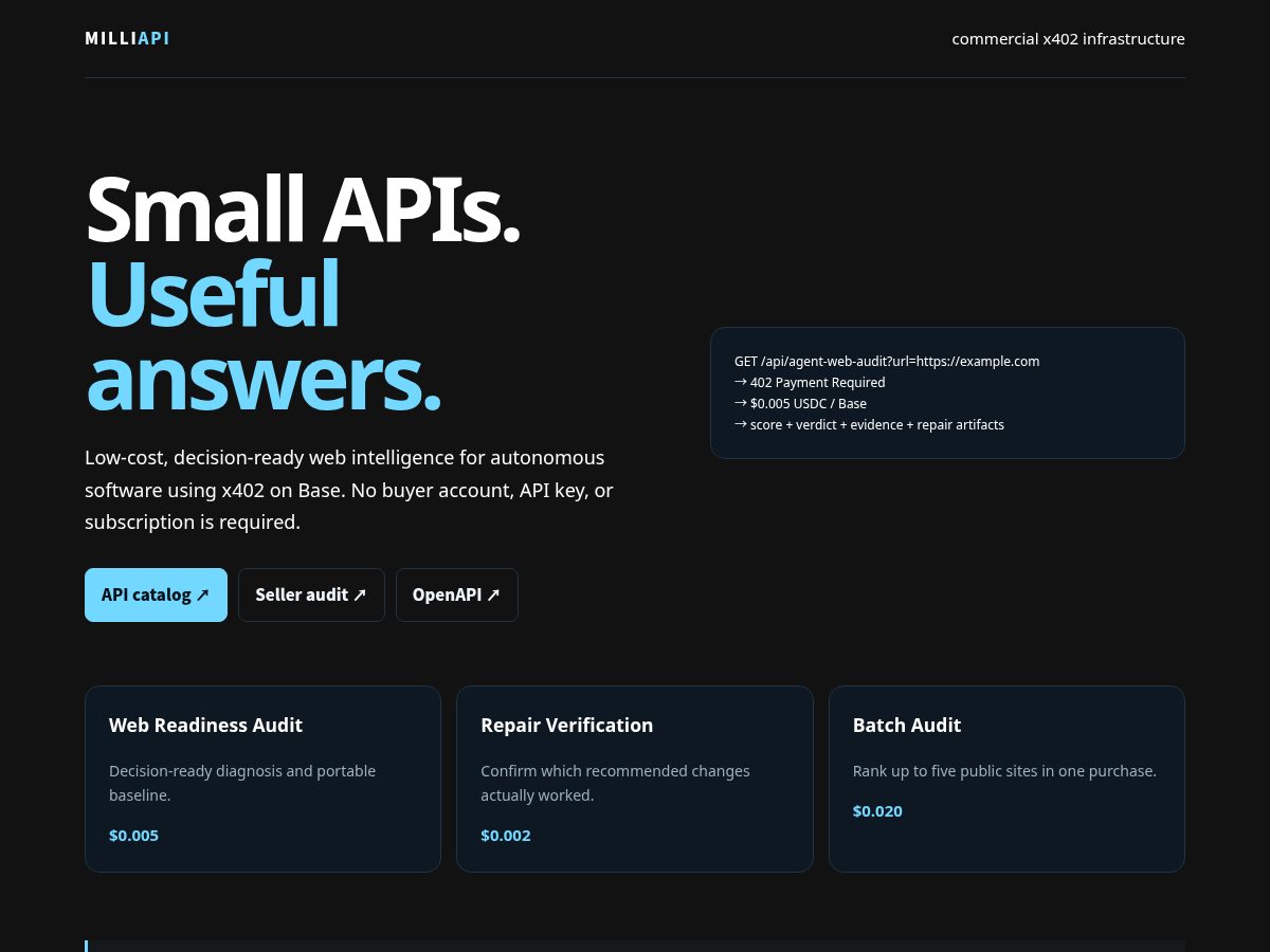Landing-page snapshot of milliapi.com