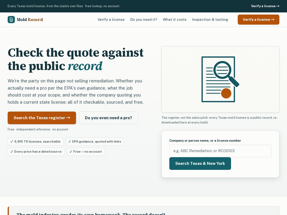 Landing-page snapshot of moldrecord.com
