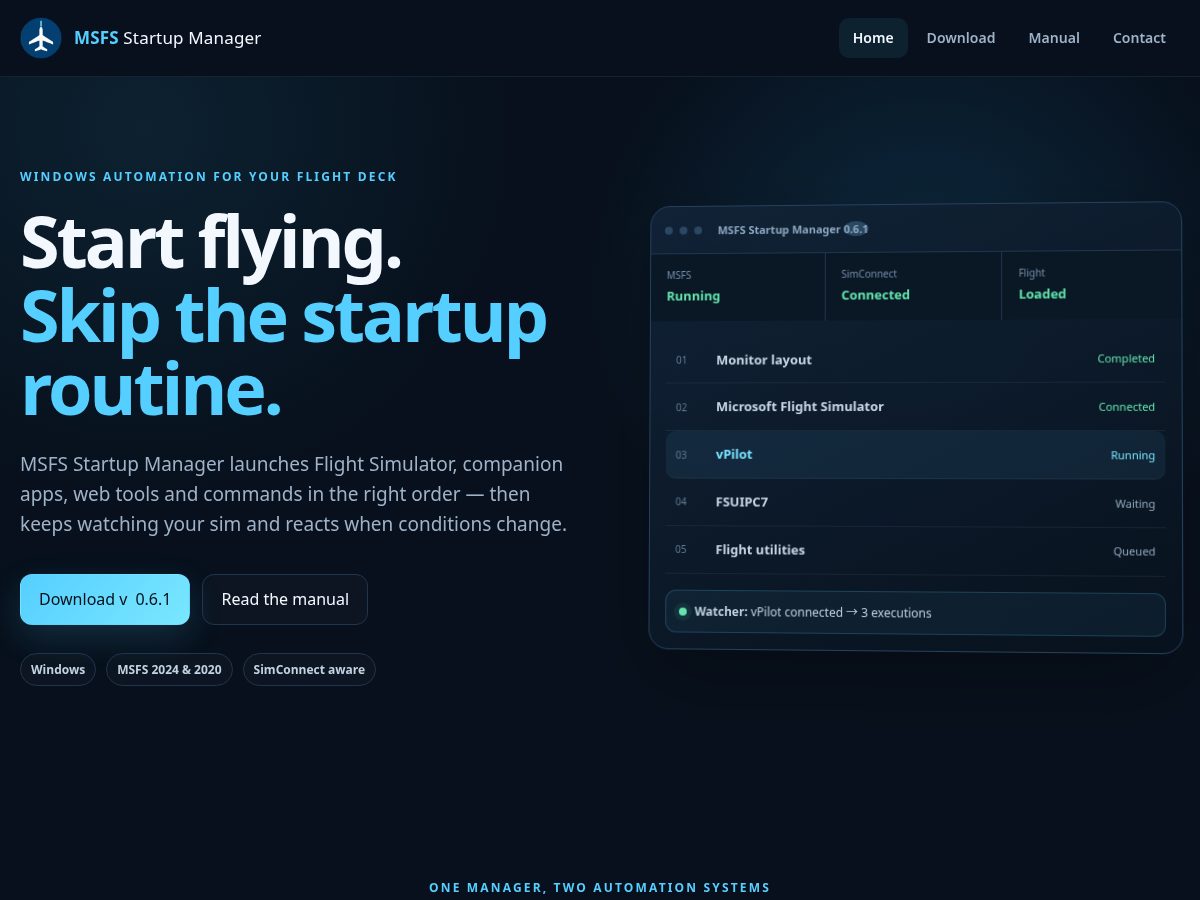 Landing-page snapshot of msfsstartupmanager.com