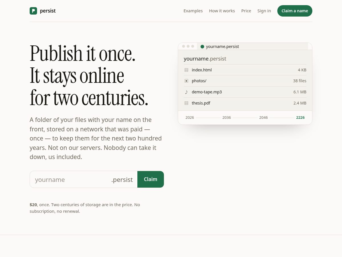 Landing-page snapshot of persist.click