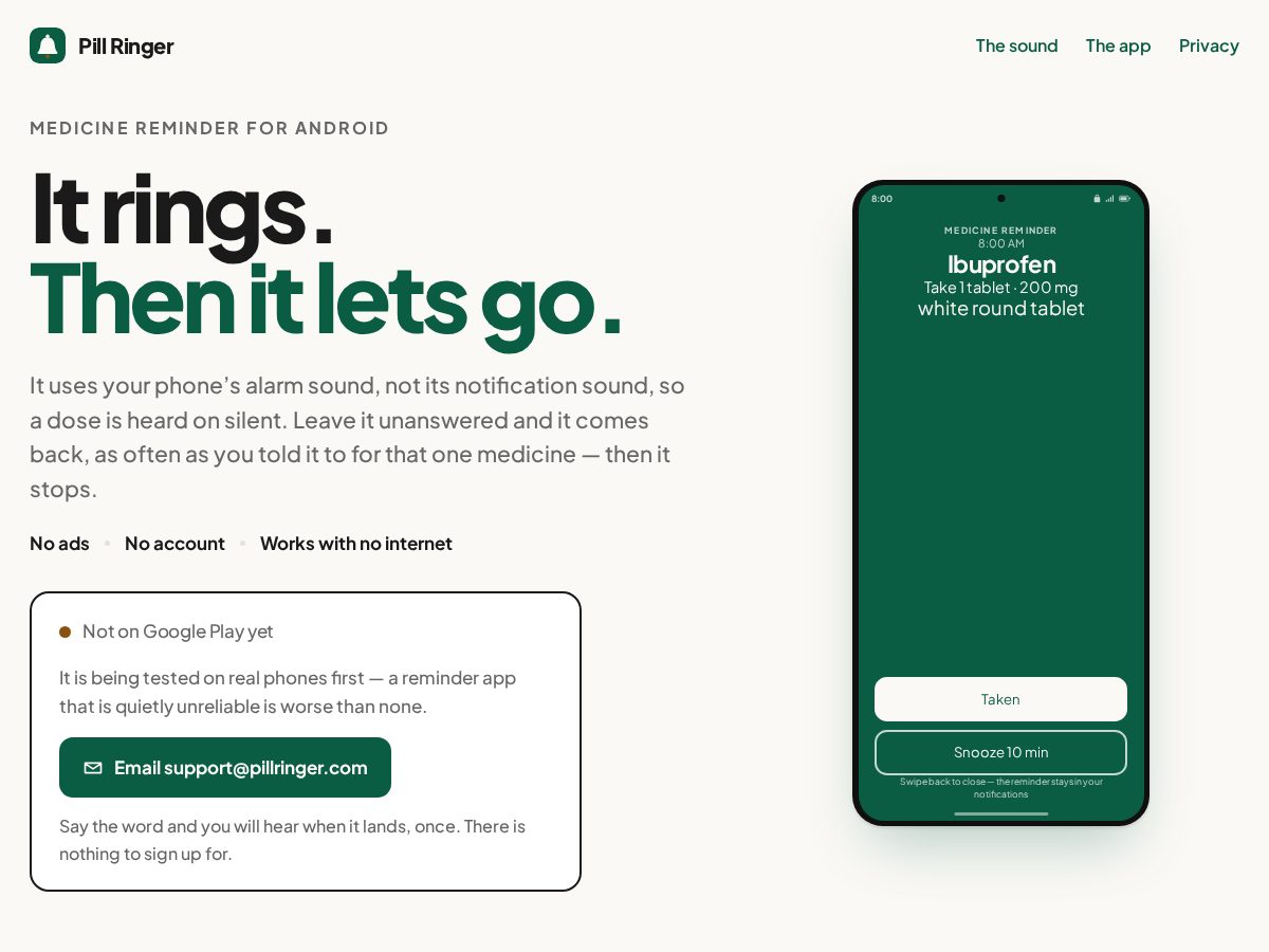 Landing-page snapshot of pillringer.com
