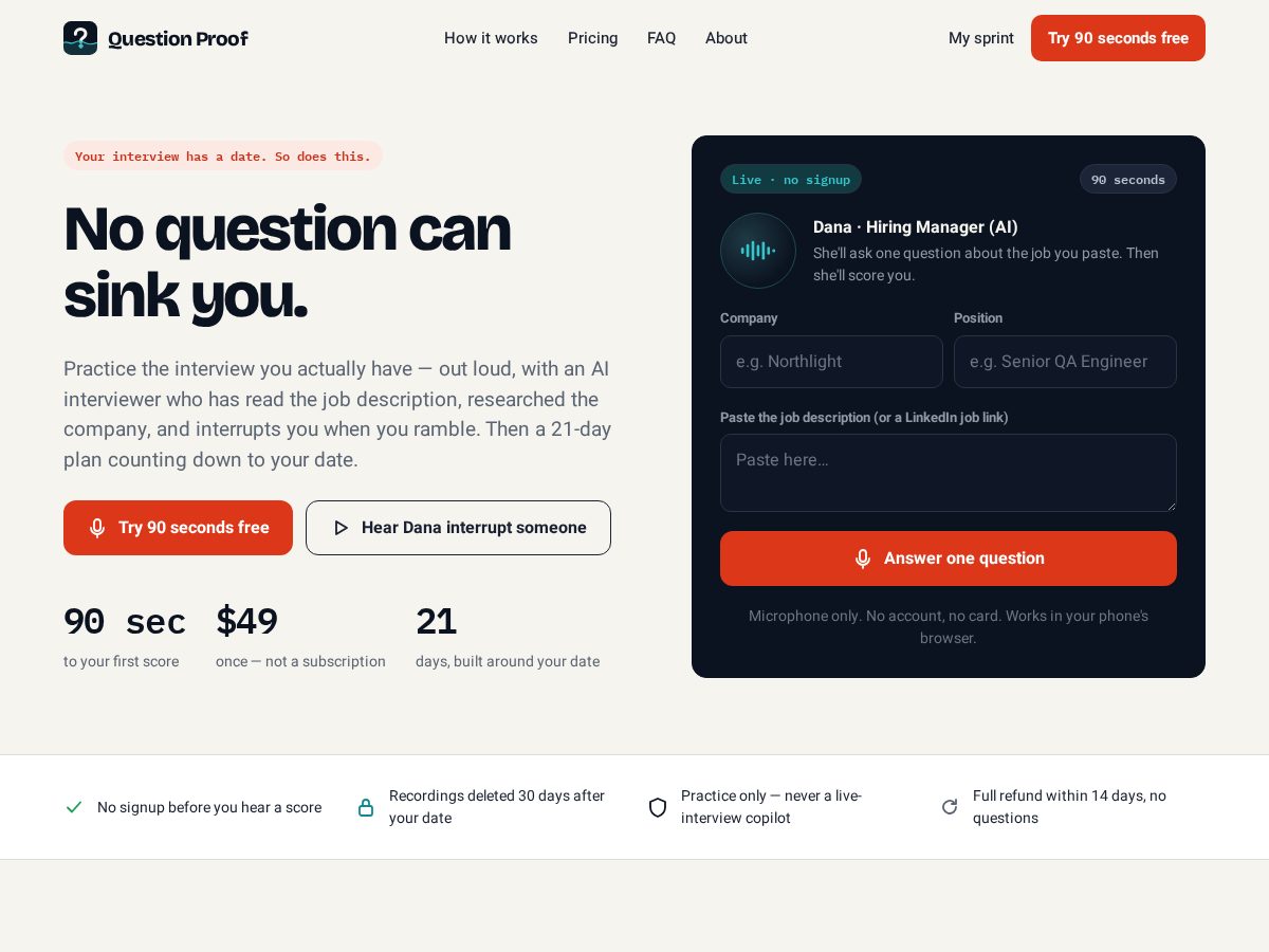 Landing-page snapshot of questionproof.com