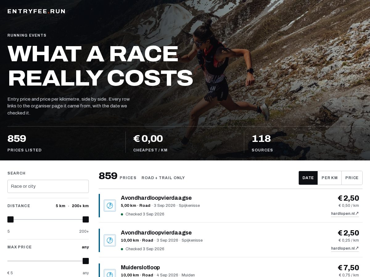 Landing-page snapshot of racefees.com