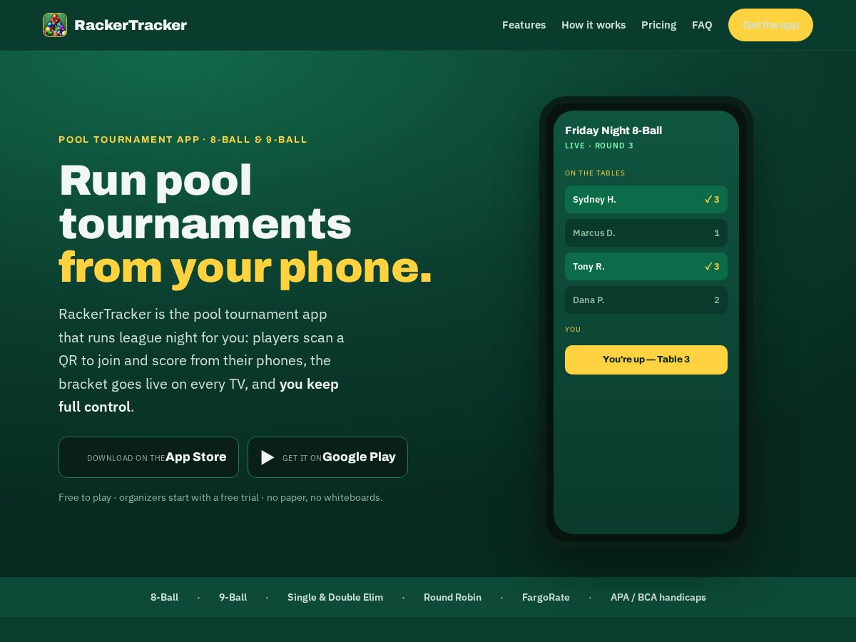 Landing-page snapshot of racker-tracker.com