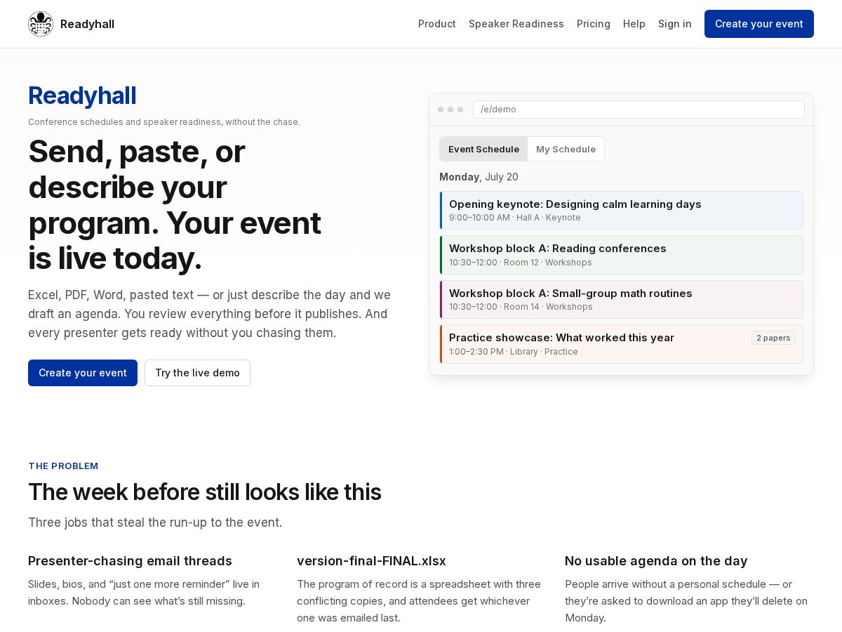 Landing-page snapshot of readyhall.com
