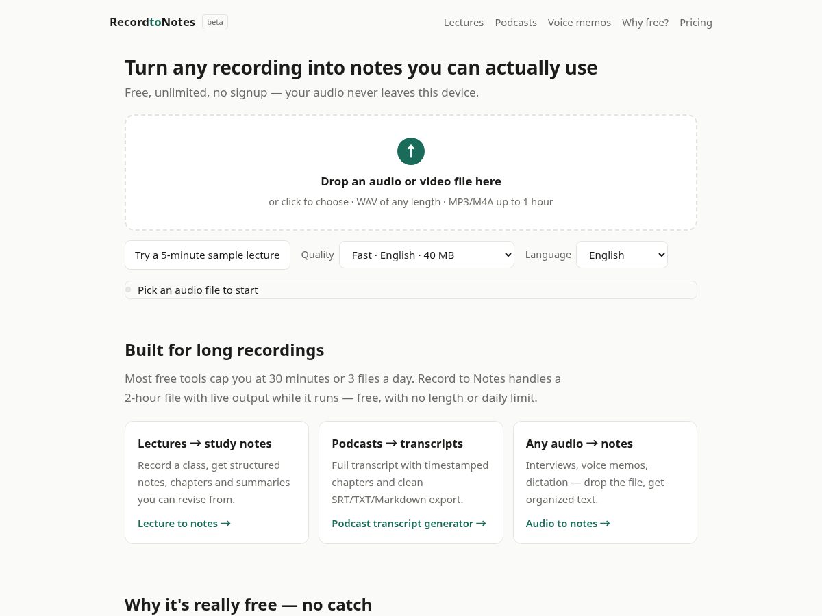 Landing-page snapshot of recordtonotes.com