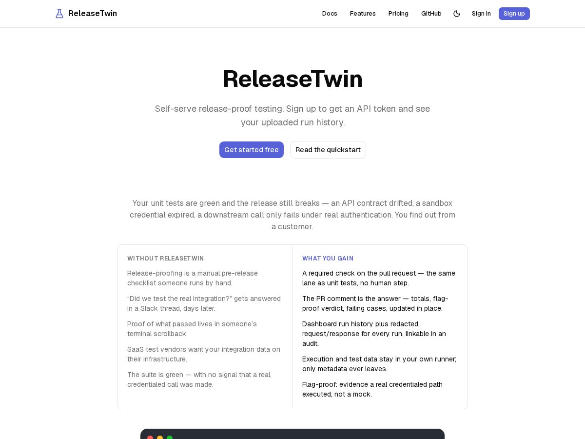 Landing-page snapshot of releasetwin.com