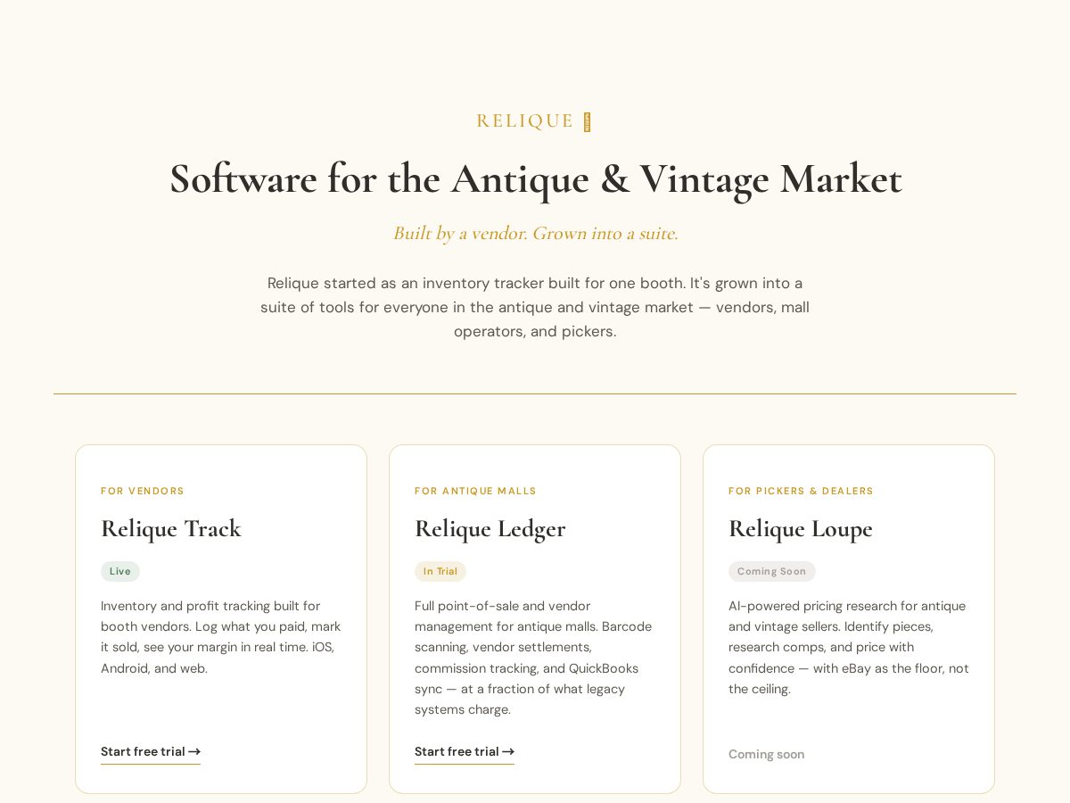 Landing-page snapshot of reliquesuite.com