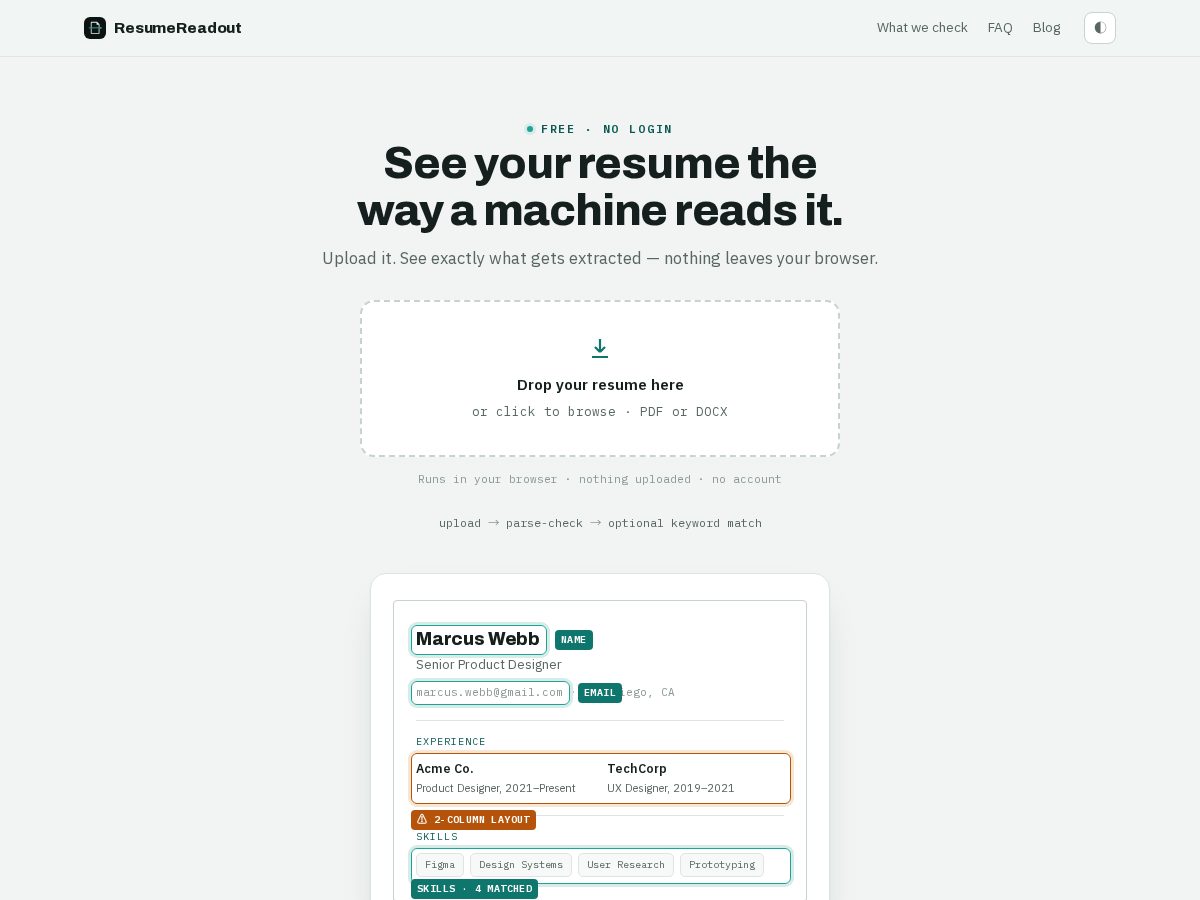 Landing-page snapshot of resumereadout.com