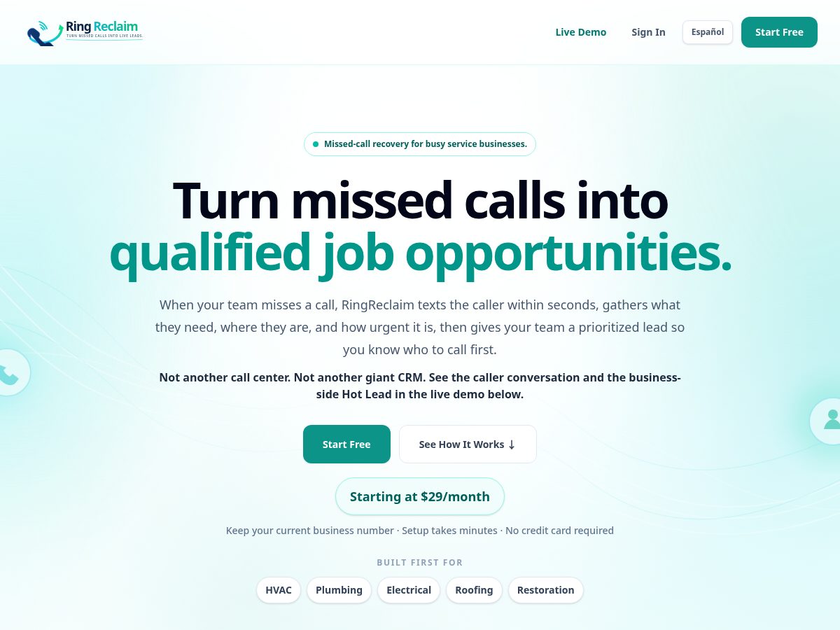 Landing-page snapshot of ringreclaim.com
