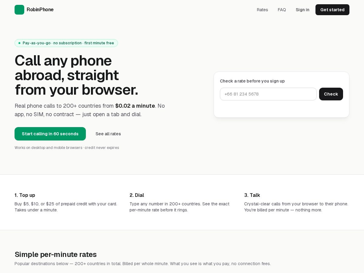 Landing-page snapshot of robinphone.com