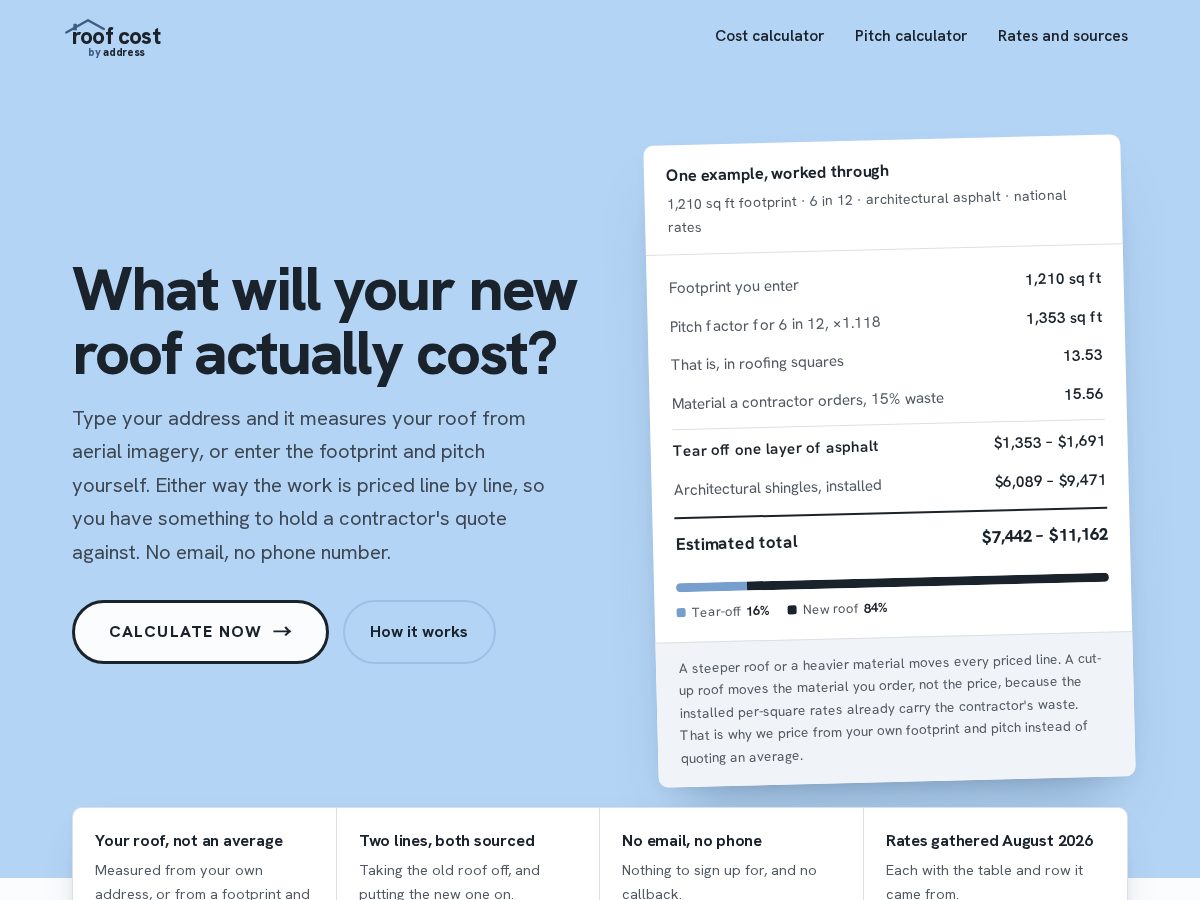 Landing-page snapshot of roofcostbyaddress.com