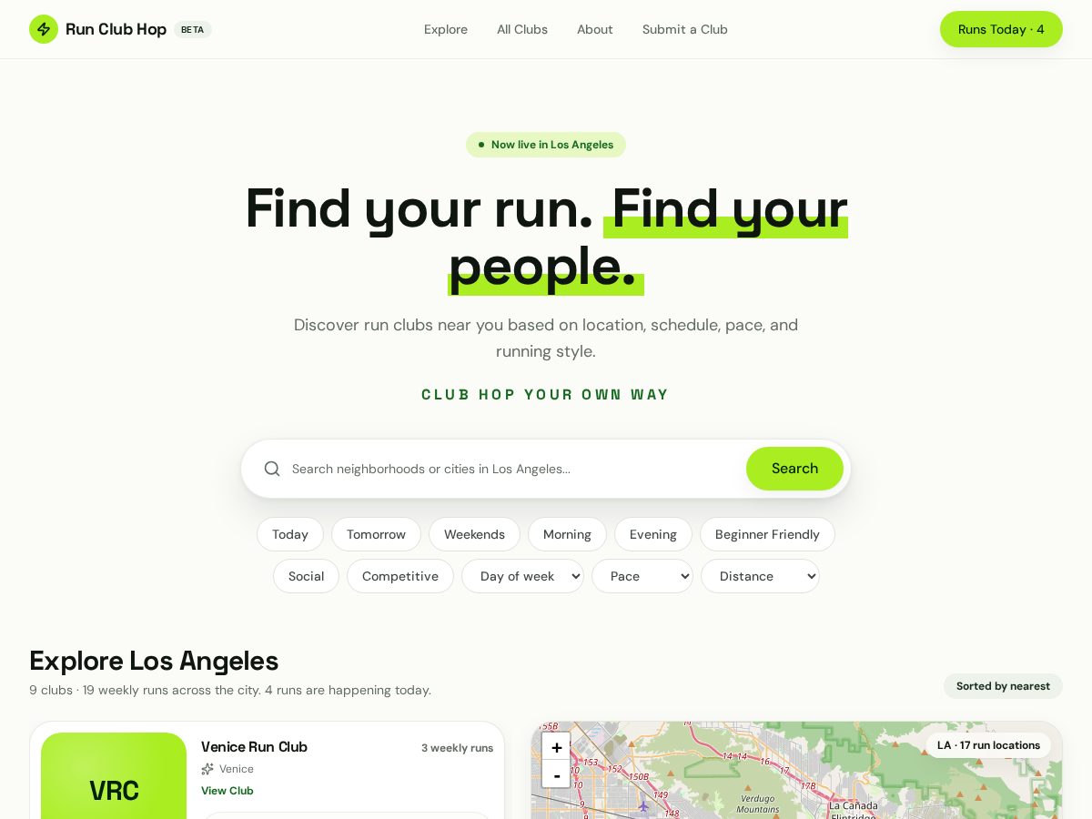 Landing-page snapshot of runclubhop.com