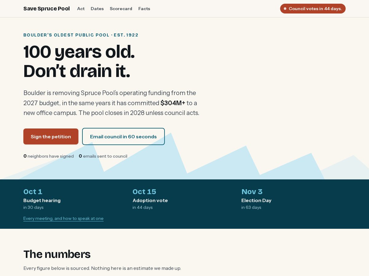 Landing-page snapshot of savesprucepool.com