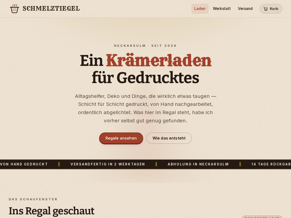 Landing-page snapshot of schmelztiegel.store