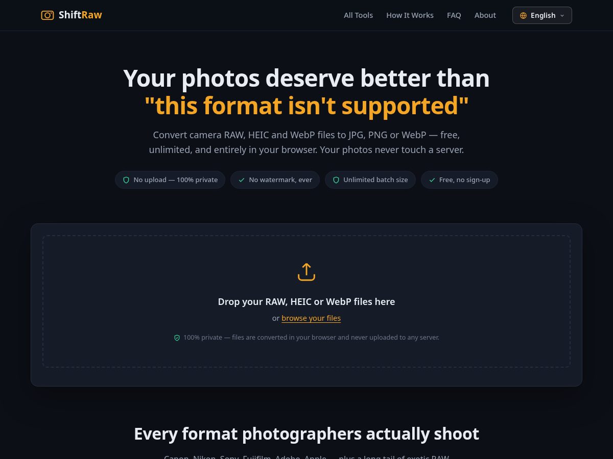 Landing-page snapshot of shiftraw.com
