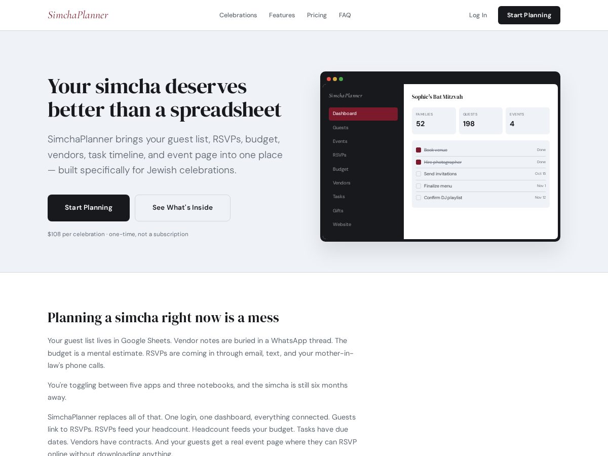 Landing-page snapshot of simcha-planner.com