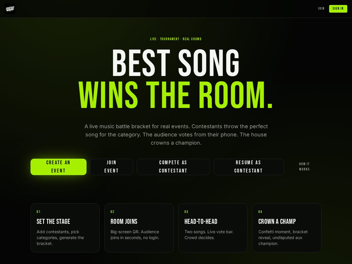 Landing-page snapshot of soundtrackwars.com