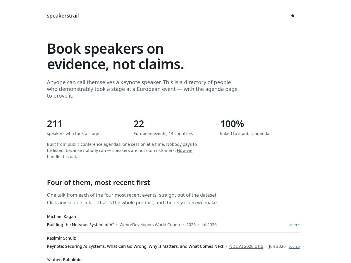Landing-page snapshot of speakerstrail.com