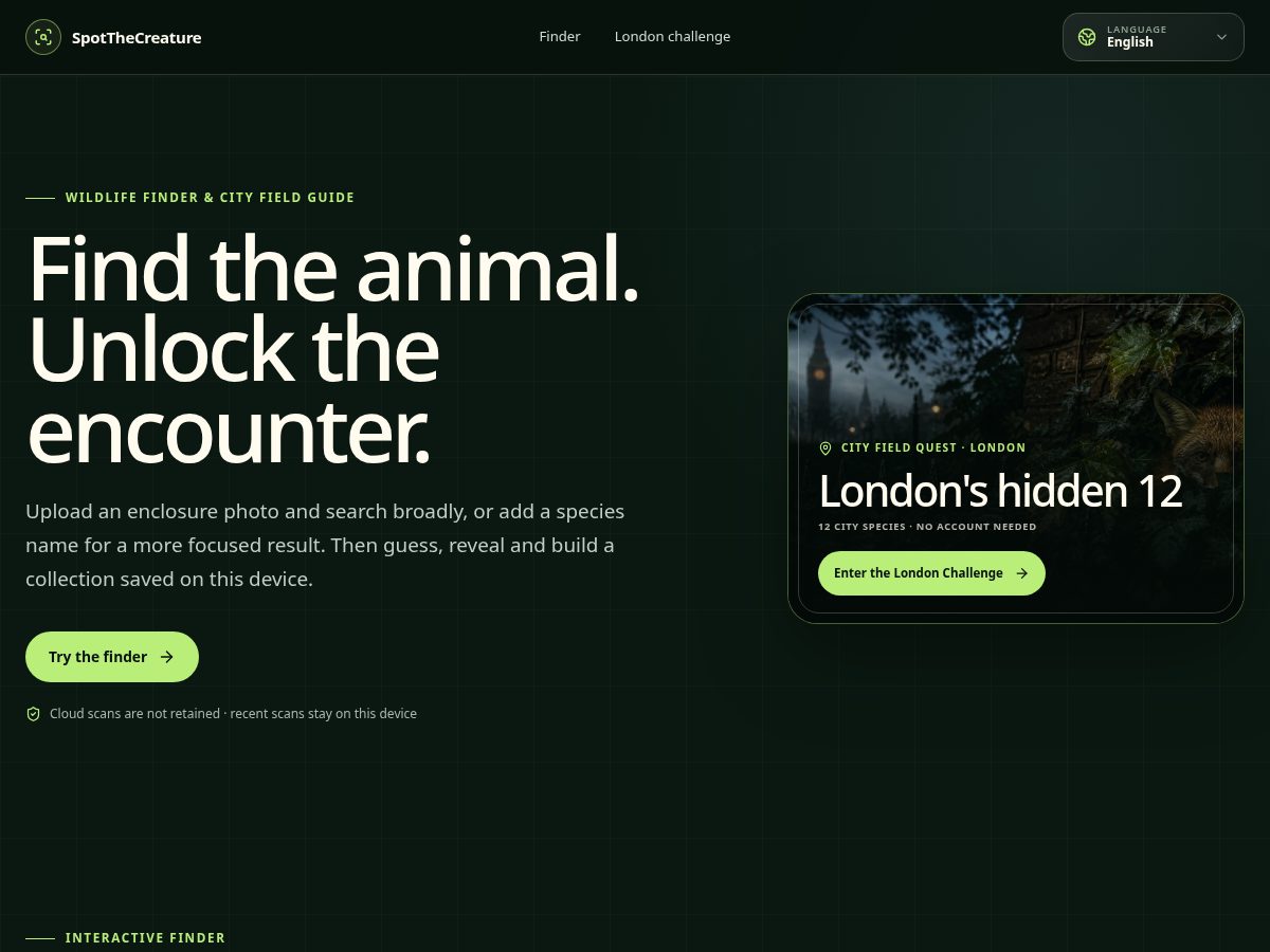 Landing-page snapshot of spotthecreature.com