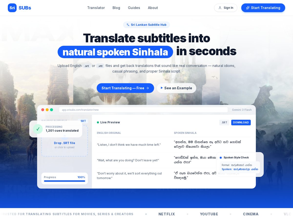 Landing-page snapshot of srisubs.com