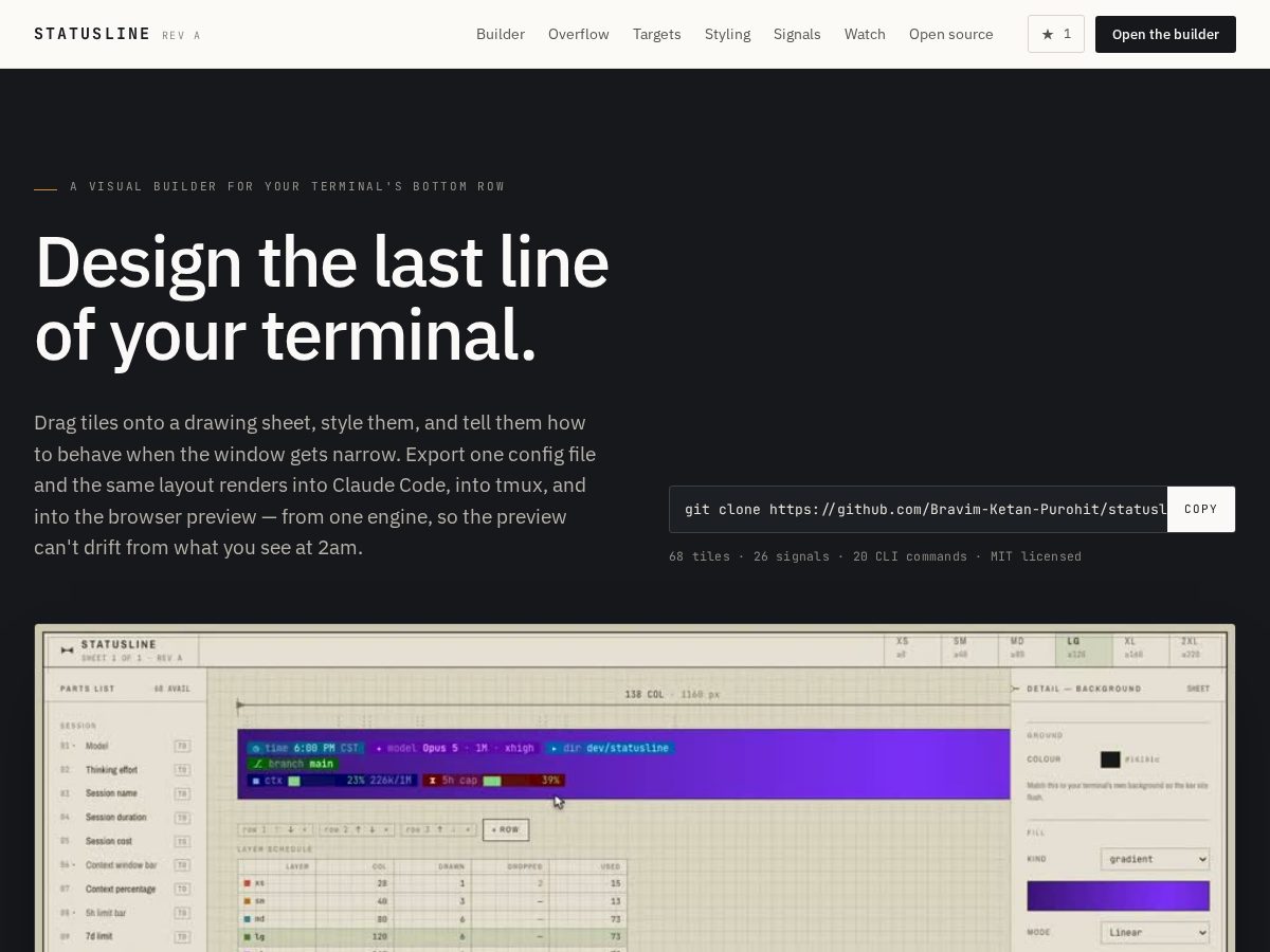 Landing-page snapshot of statusline.xyz
