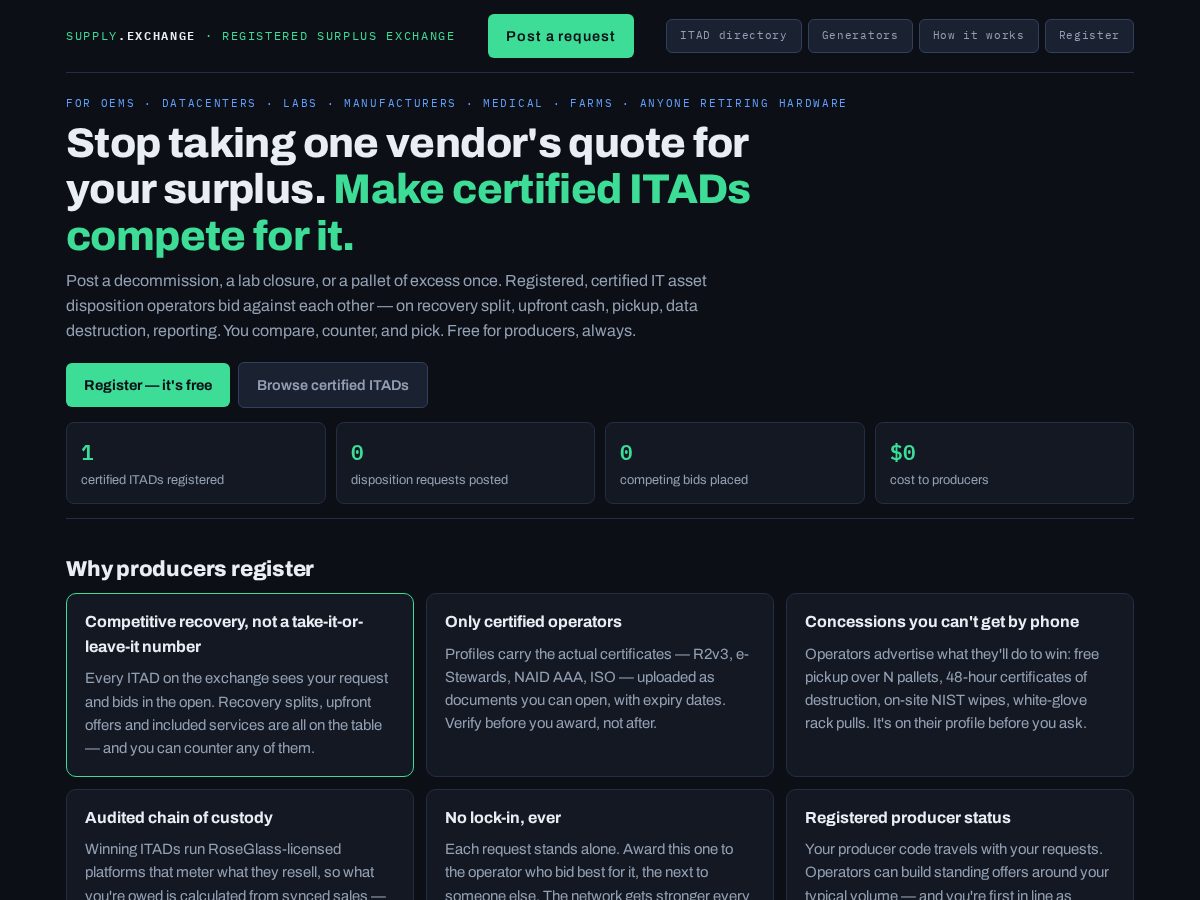 Landing-page snapshot of supply.exchange