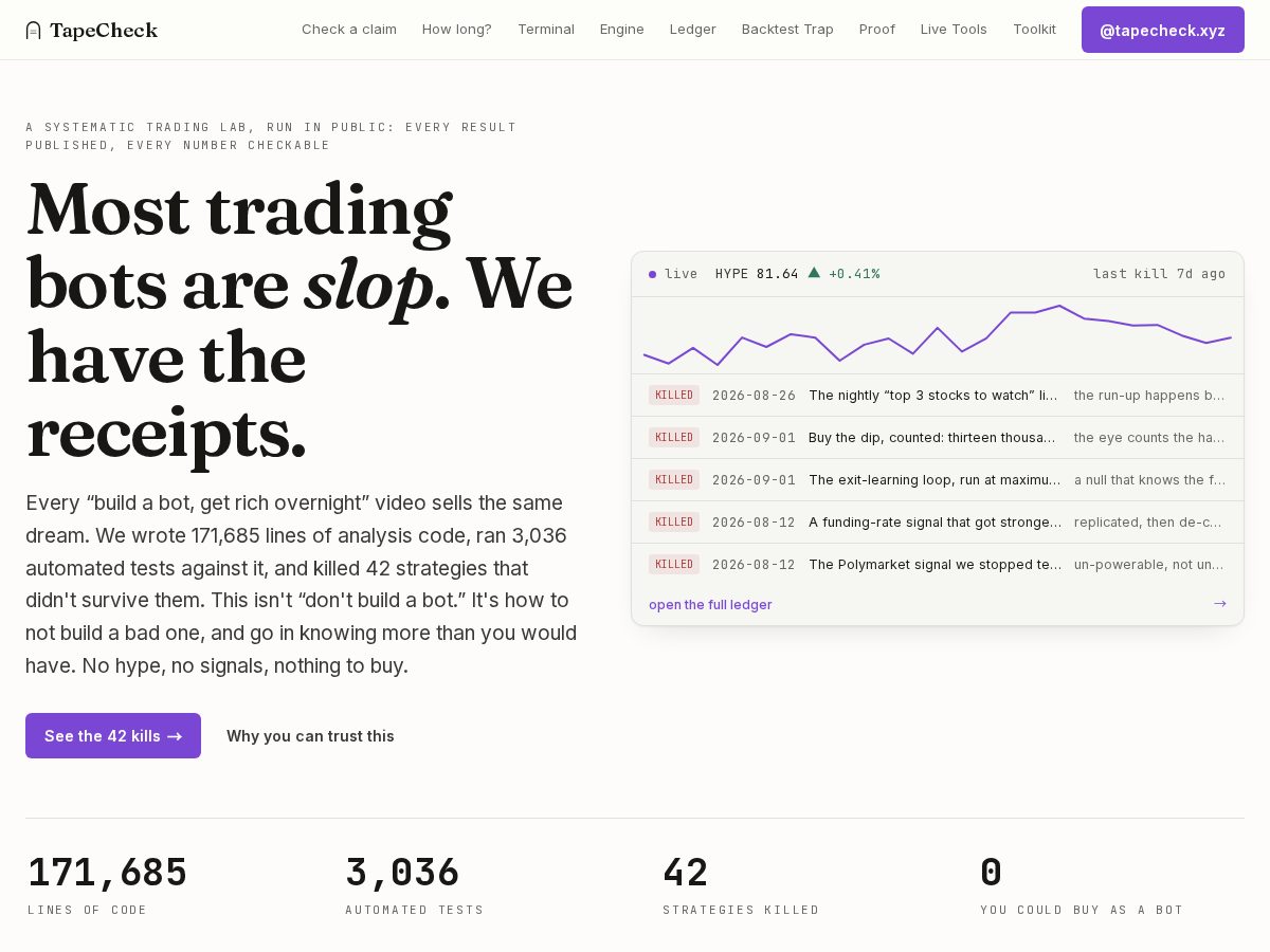 Landing-page snapshot of tapecheck.xyz